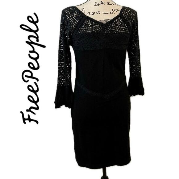 FREE PEOPLE BODYCON DRESS CROCHET LACE BLACK SZ M BELL SLEEVE GOTHCORE WHIMSICAL - Picture 1 of 16